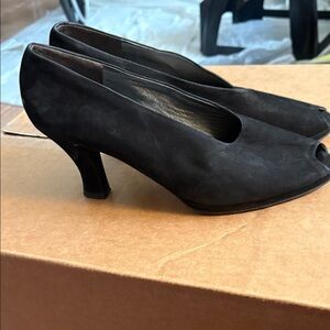 Via Spiga Black Suede Peep-Toe Heels